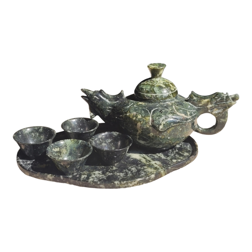 Green Carved Nephrite Spinach Jade Stone Chinese Rooster Bird Teapot Set READ